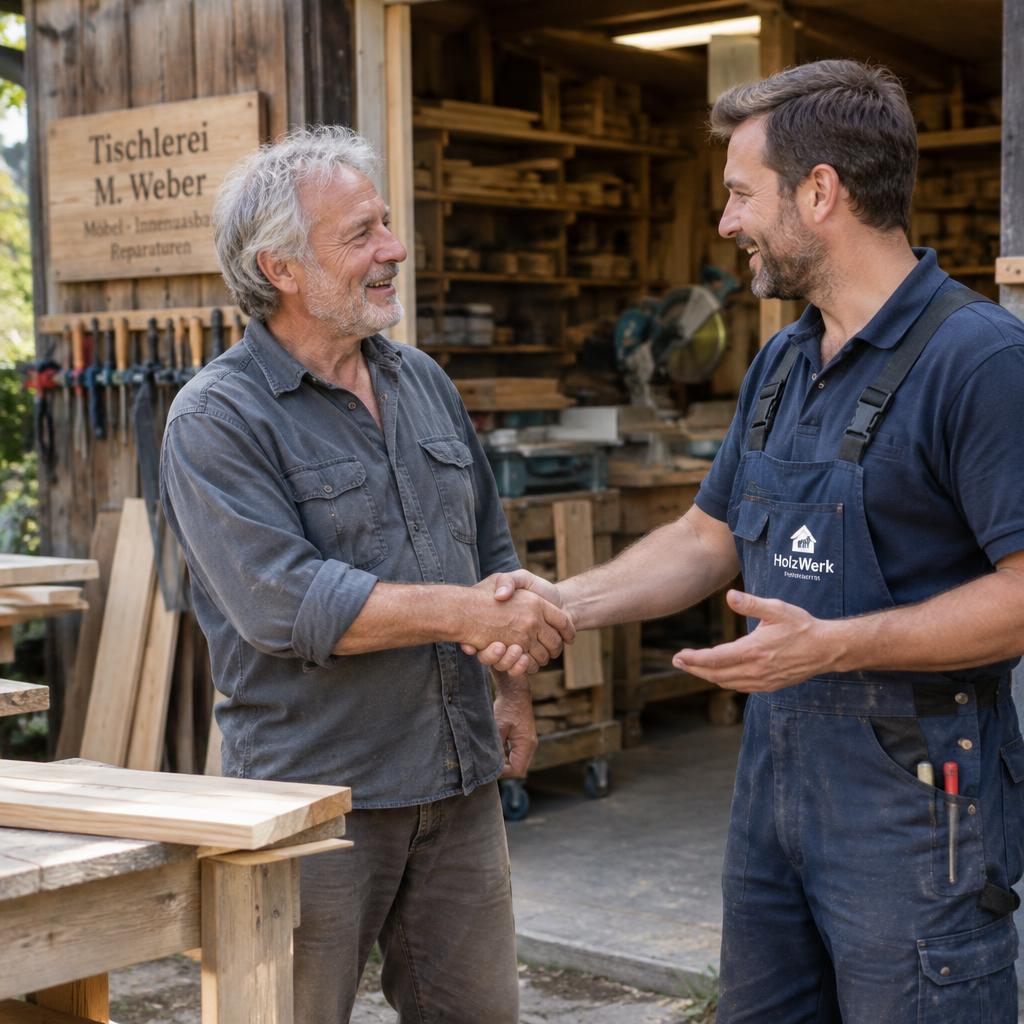 Ein erfahrener Helfer bespricht sich handschlagend mit einem Handwerksbetrieb – wir arbeiten mit dem Handwerk, nicht dagegen