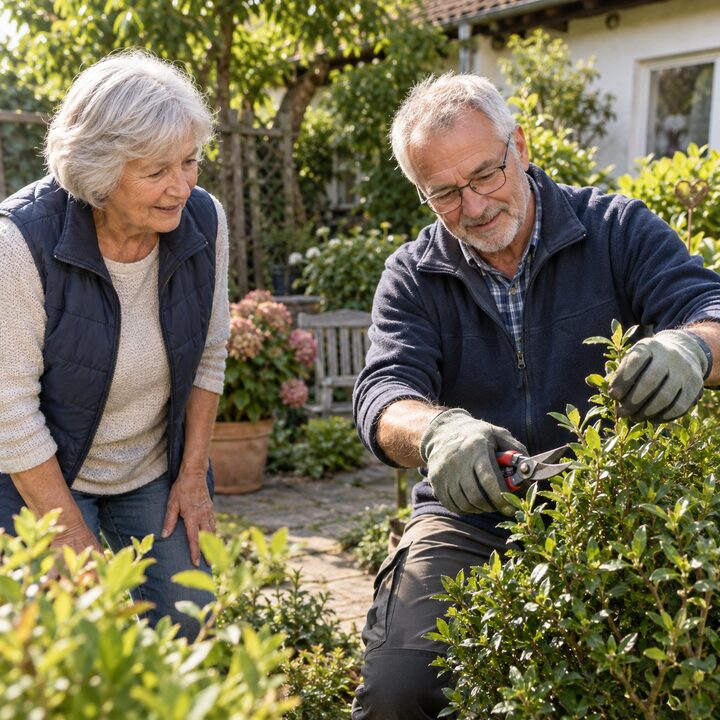 Ein erfahrener älterer Helfer unterstützt eine Kundin bei der Gartenpflege