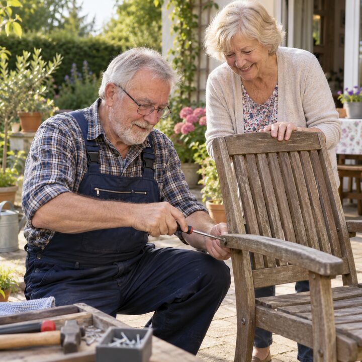 Ein erfahrener älterer Helfer repariert gemeinsam mit einer Kundin einen Gartenstuhl