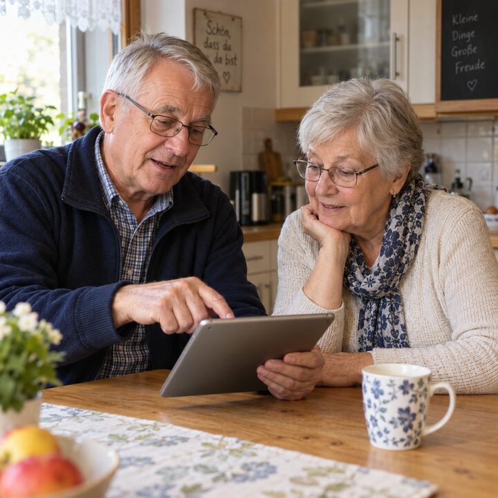 Ein erfahrener älterer Helfer erklärt einer Kundin die Bedienung eines Tablets
